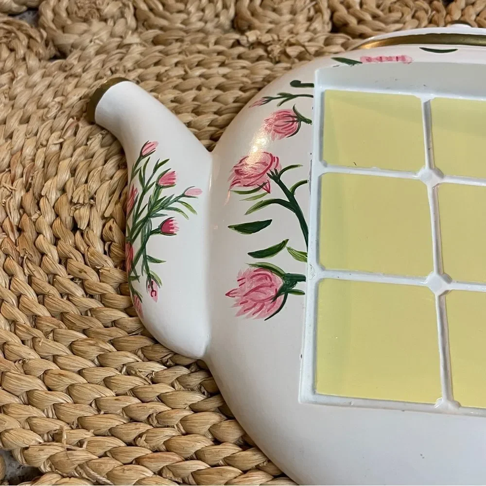 Decorative Handpainted Teapot-Shaped Ceramic and Tile Trivet White Pink Floral